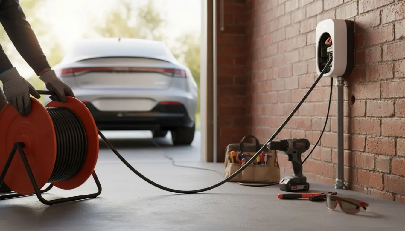 Nærbillede af hænder, der trækker et tykt kabel fra en kabelrulle mod en vægmonteret el-lader i en garage med værktøj i forgrunden.