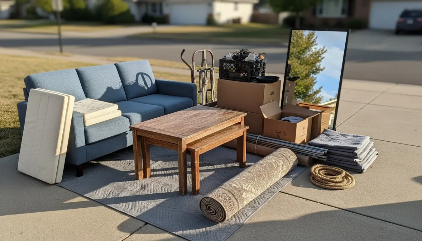 Stillede storskraldsartikler ved indkørsel: sofa, enkeltseng med topmadras, sofaborde, stort tæppe og kasser klar til afhentning.