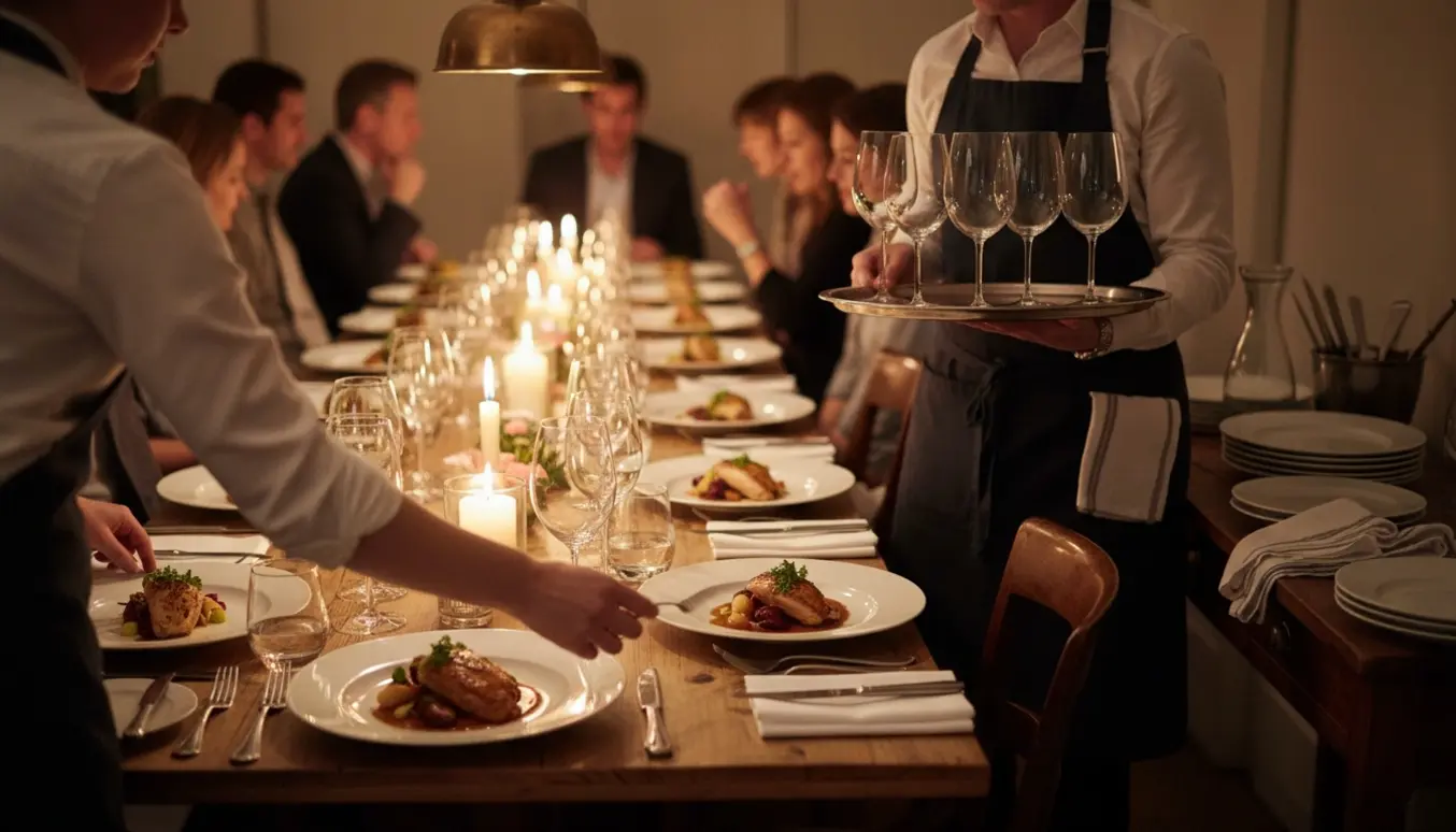 Serveringspersonale anretter og serverer ved et langbord dækket til cirka 20 gæster.