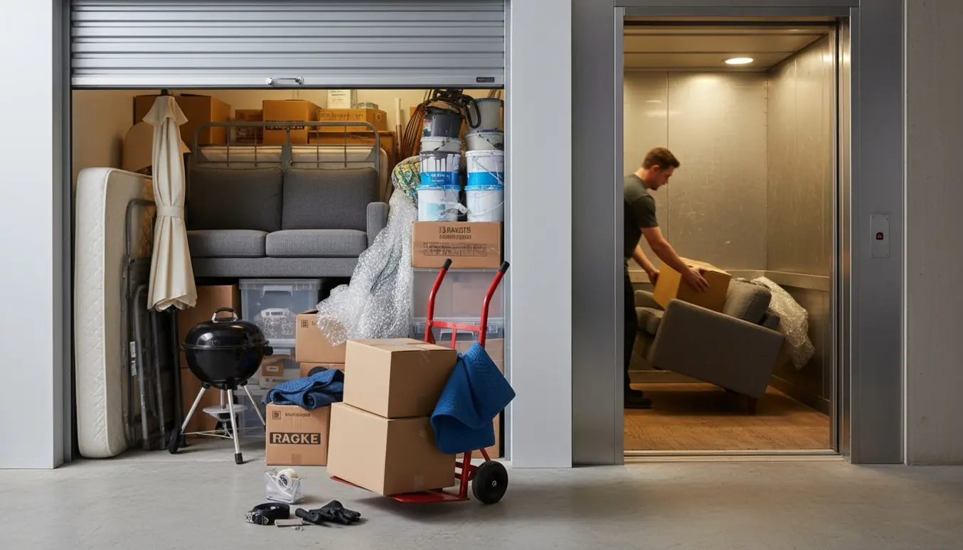 Lille, rodet opbevaringsrum fyldt med møbler og kasser ved en åben opbevaringselevator.