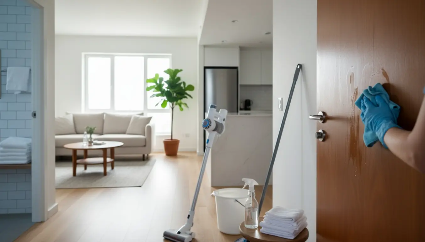 En person i rengøringshandsker tørrer et træpanel i en lys, nyrengjort lejlighed med moppe, støvsuger og køkken i baggrunden.