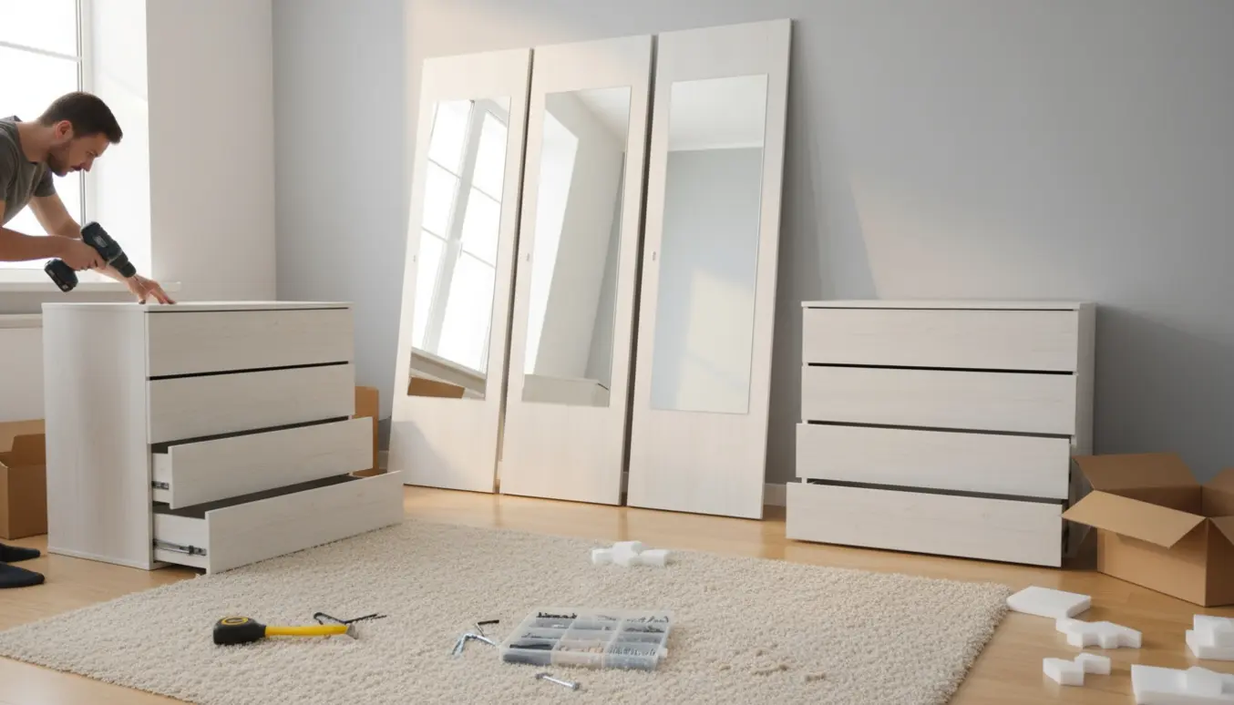 Hænder monterer seks garderobedøre med spejle og en kommode med seks skuffer i et lyst rum.