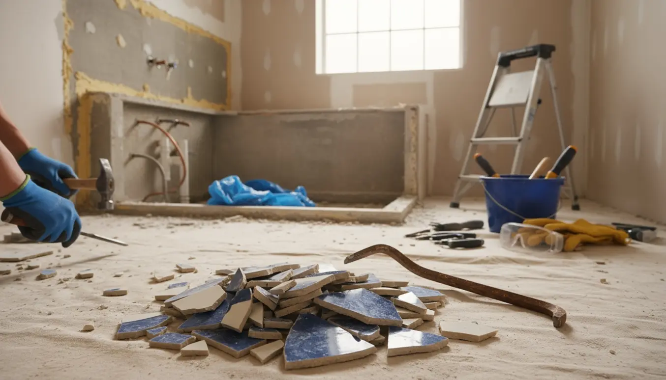 Et kompakt badeværelse under renovering med fjernede gulv- og vægfliser og et tomt karområde.