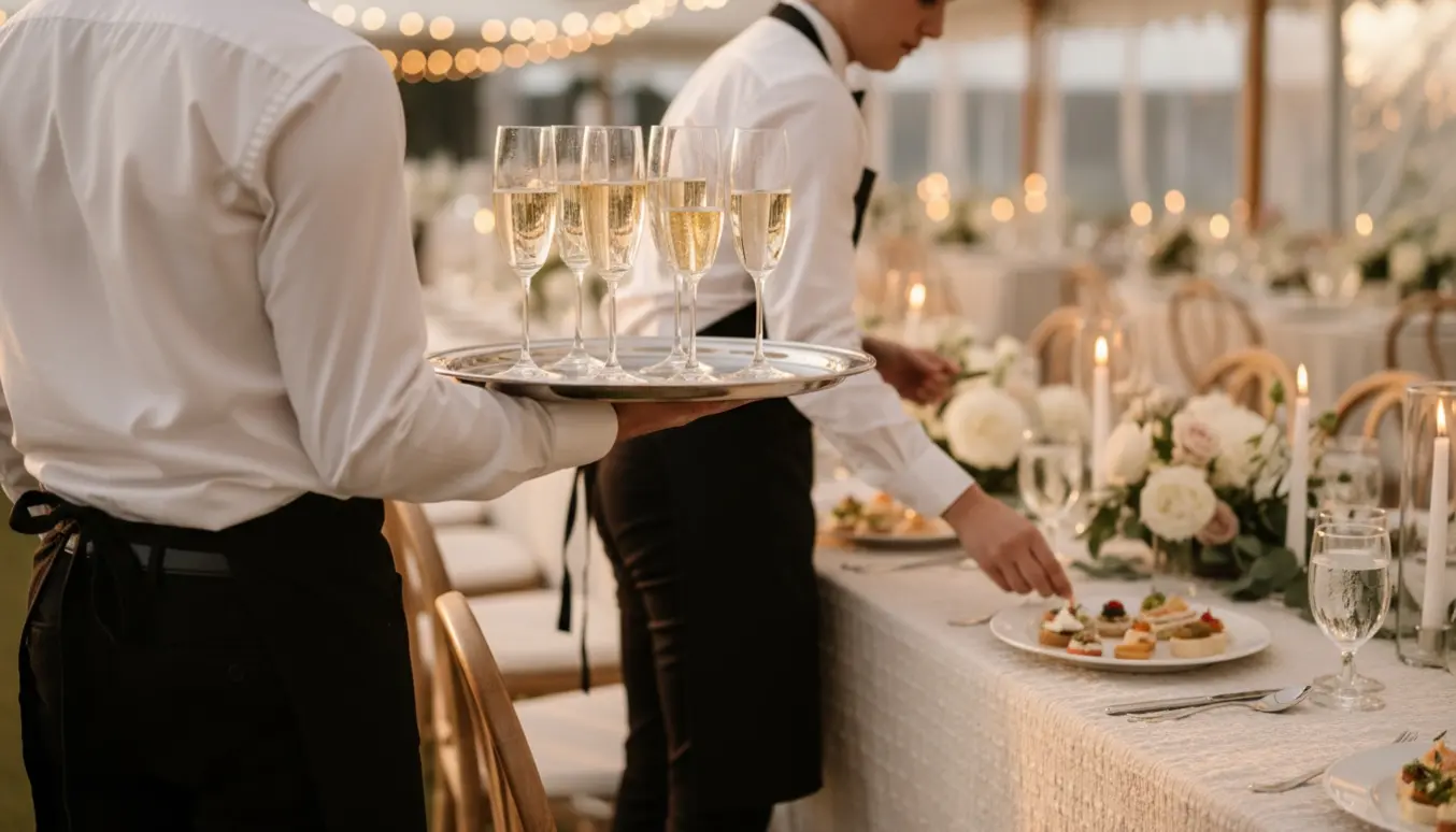 To serveringspersoner ved et dækket bryllupsbord med champagneglas og blomster.