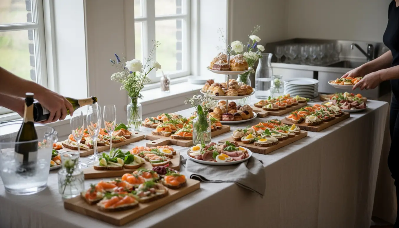 Hænder arrangerer smørrebrød og hælder bobler op ved et lyst buffetbord til en barnedåb.