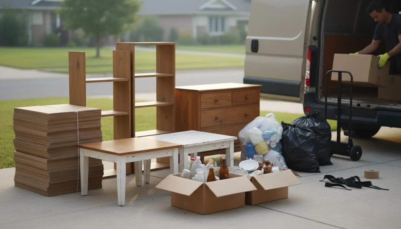 Stak pap, nedtagne reoler, møbler og sække klar til genbrug ved indkørsel.