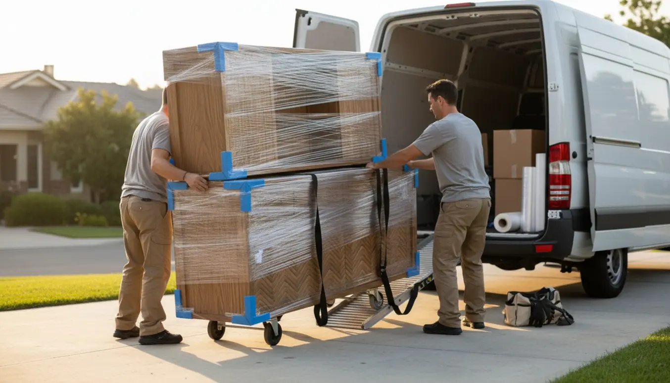 Lang træskænk pakket i flyttetæpper ved en varevogn, klar til transport.