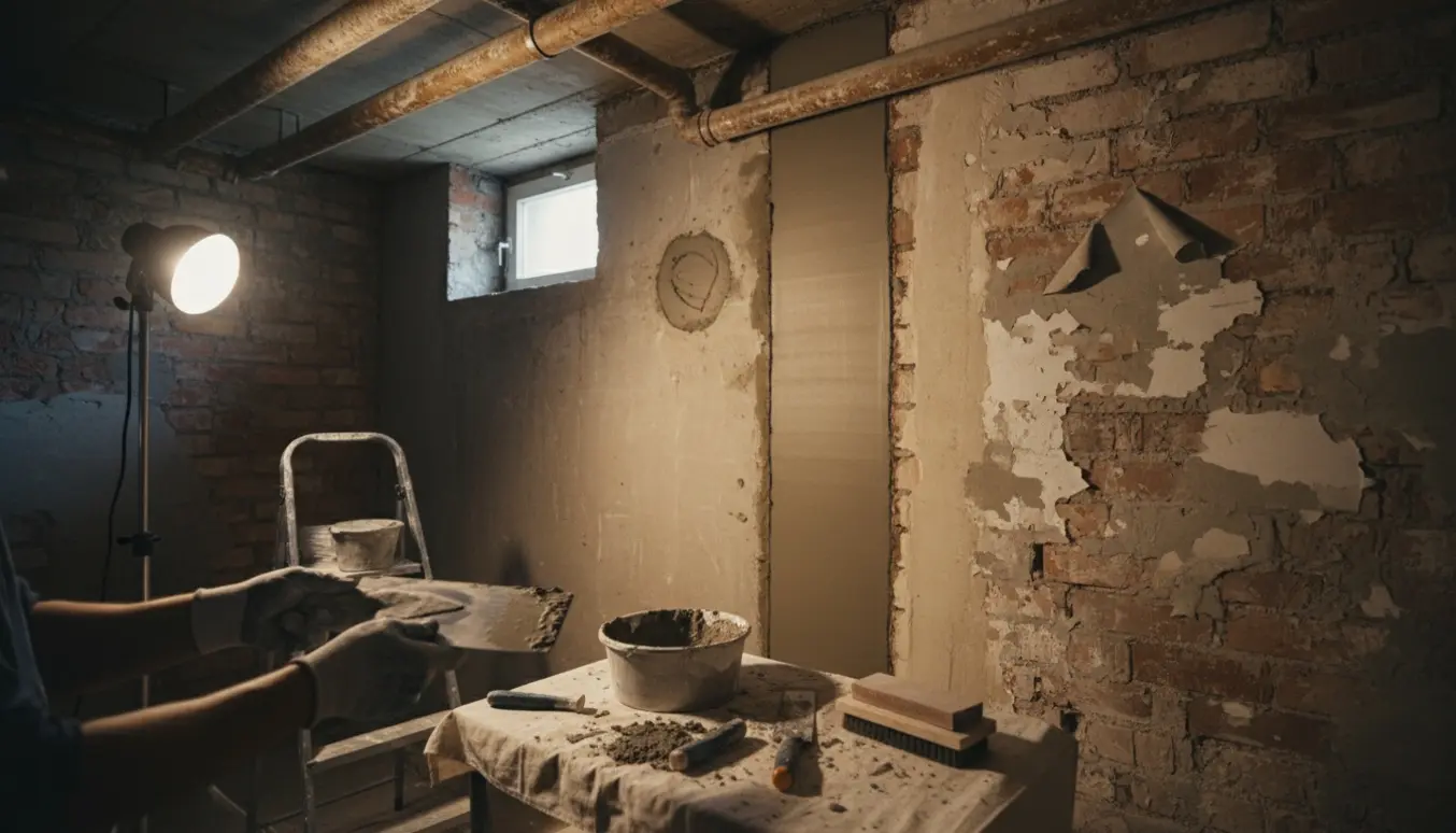 Nærbillede af kælderunder renovering med en murer, der spartler huller i muren med murske og værktøj omkring sig.