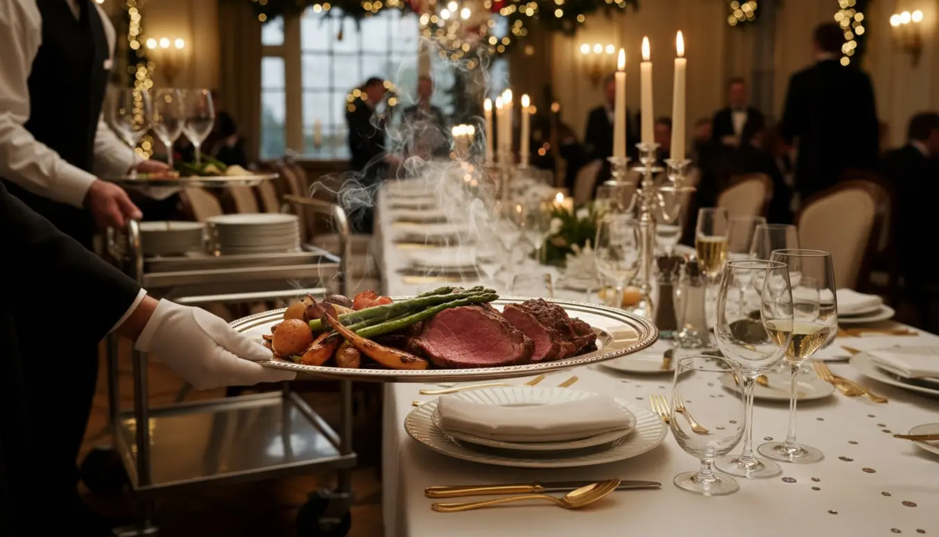 Hænder anretter nytårsmiddag ved et stearinlys-oplyst bord, mens en vogn med brugte tallerkener skubbes væk.