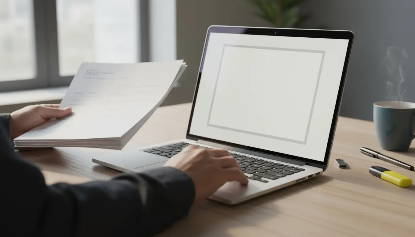 Nærbillede af hænder, der indsætter et udskrevet projekt i et åbent dokument på en bærbar.