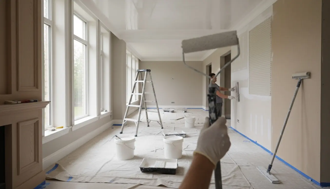 Indvendigt maler- og spartelarbejde i et rummeligt hus med loftsmaling, filt og malet træværk.