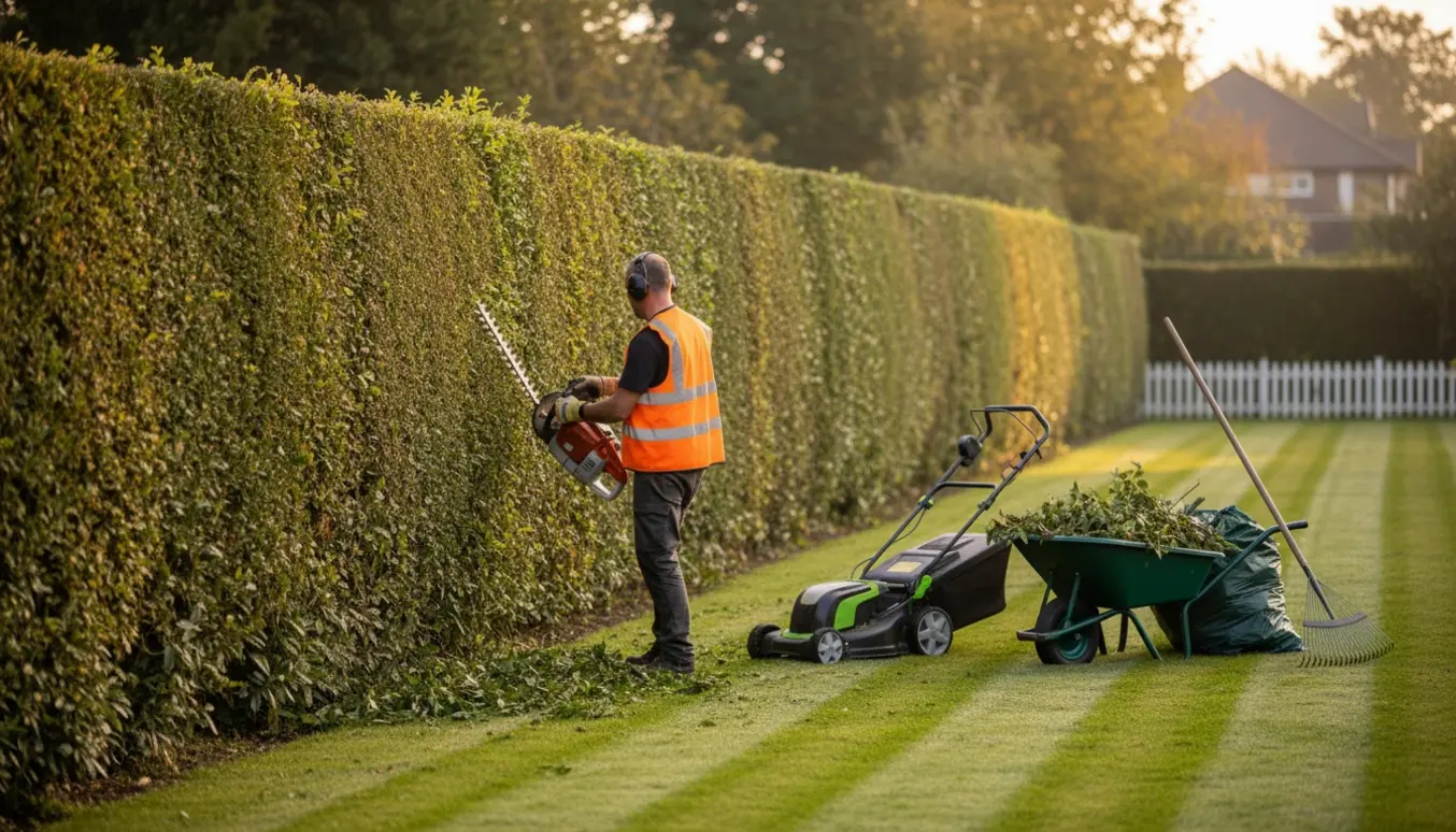 Lang hæk under klipning med nyslået græs, redskaber og en arbejder set bagfra.