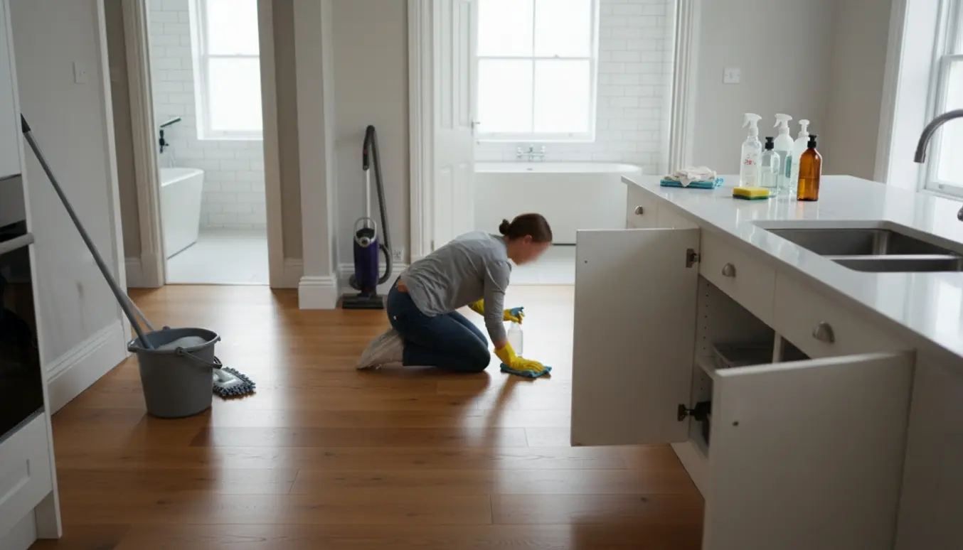 Lyse underetage med rengøringsudstyr og en person set bagfra, der tørrer trægulvet.