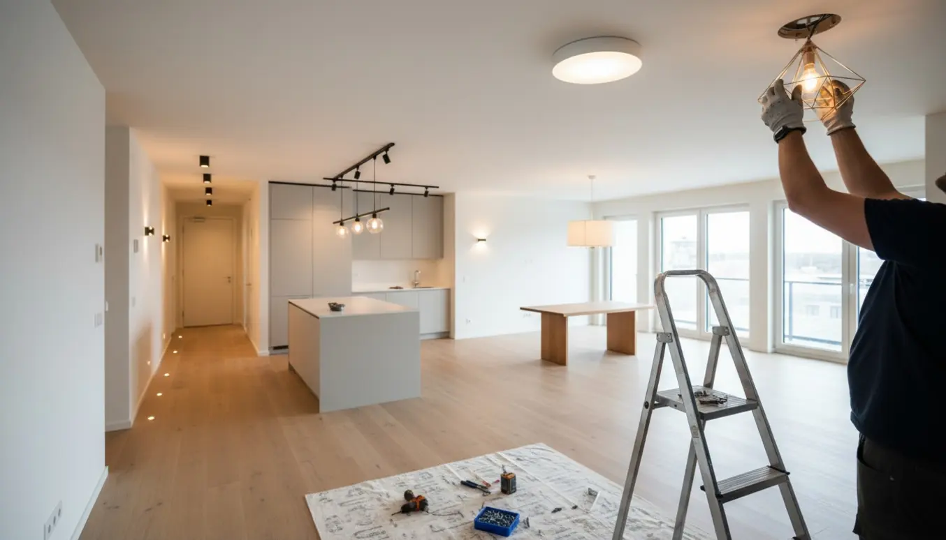 Installation af lamper i en ny lejlighed med stige, værktøj og flere monterede armaturer.