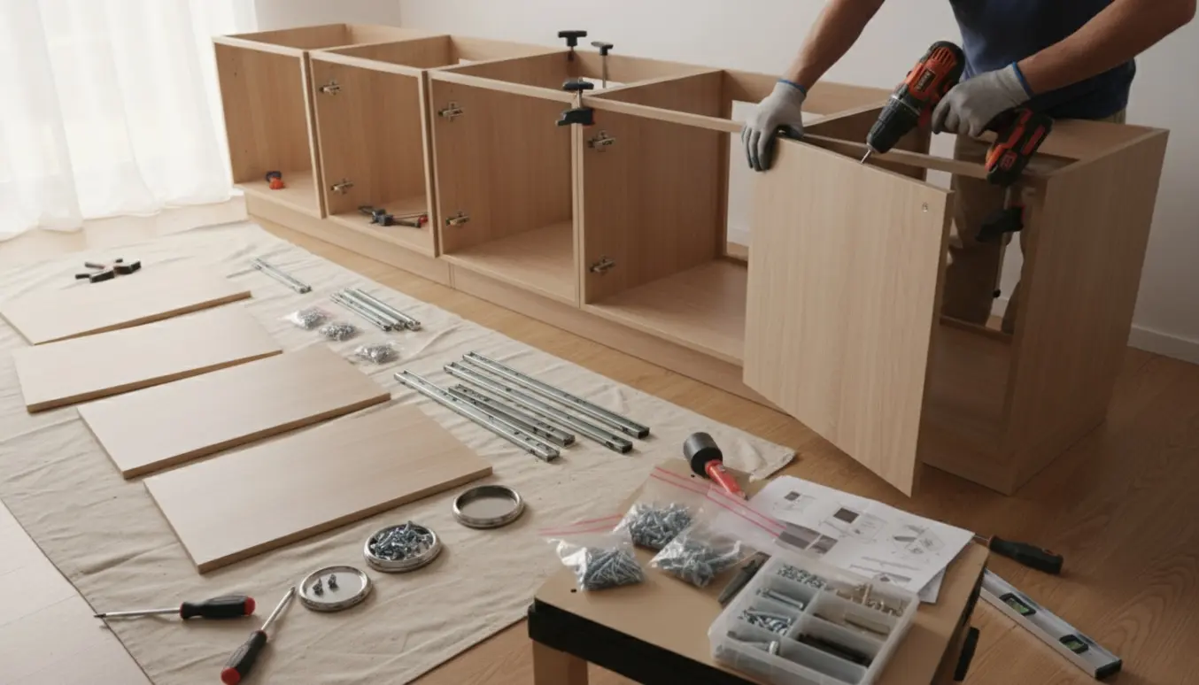 Hænder samler fladpakkede køkkenskabe med værktøj og sorterede skruer i klare poser i et lyst køkken.