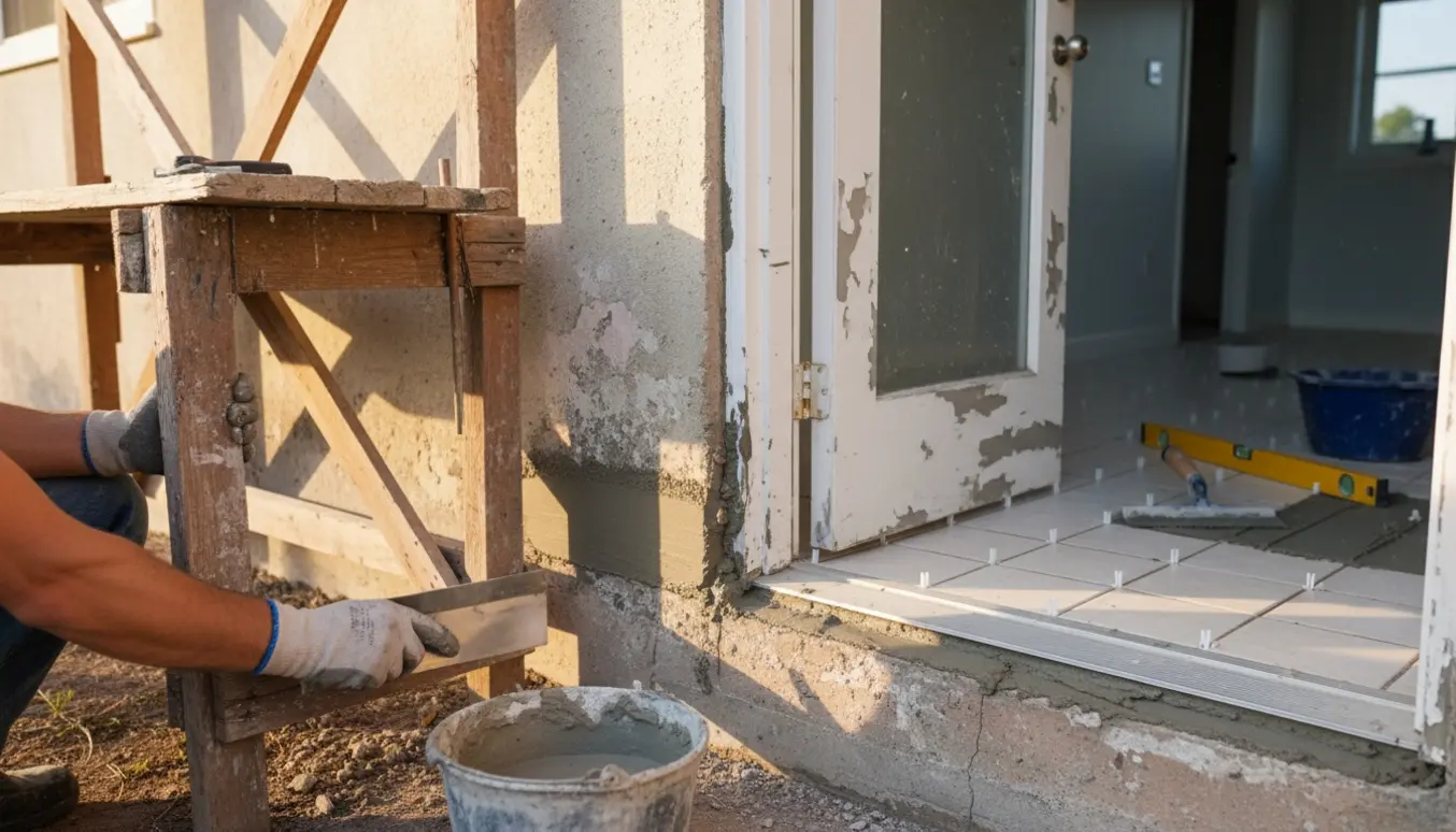 Hænder reparerer revner i husets sokkel med puds, set ved en åben dør til et bryggers med delvist lagte fliser.