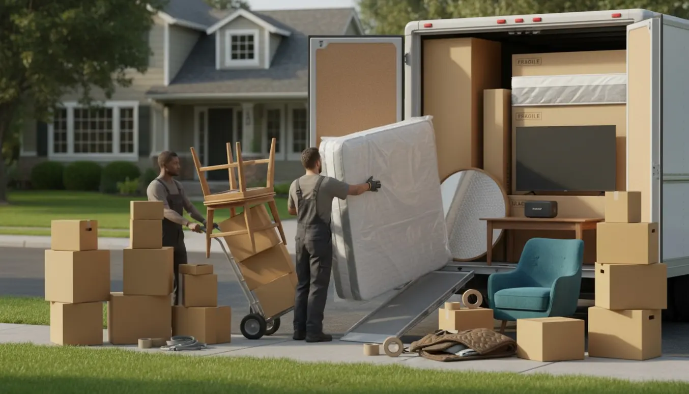 Flyttefolk laster møbler og flyttekasser ind i en åben flyttebil foran en lejlighed på en solrig morgen.