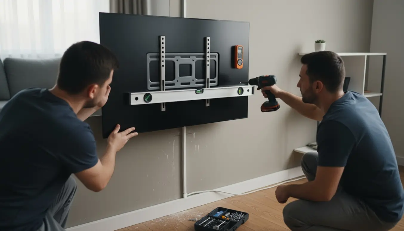 Hænder monterer et 40 tommers fjernsyn med vægbeslag i en lys stue.