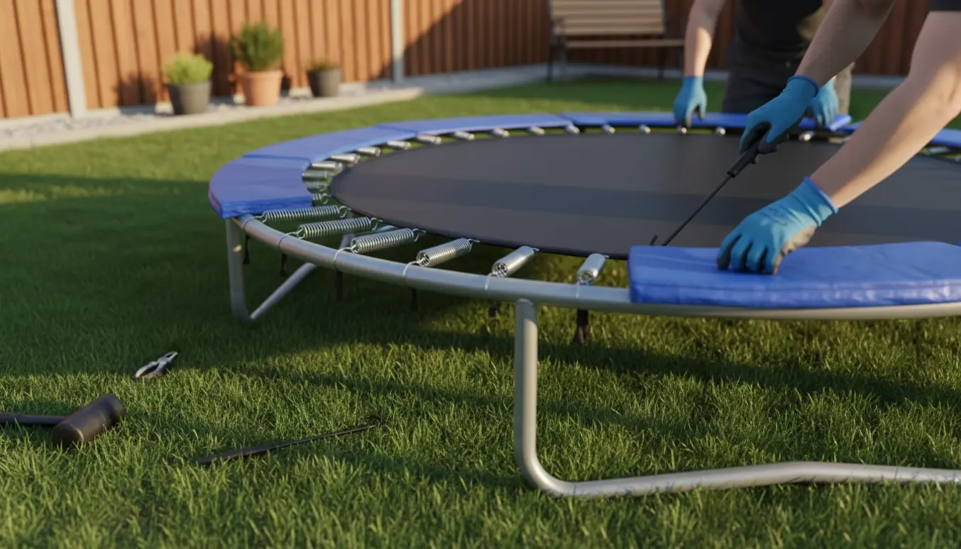 Hænder monterer fjedre og sikkerhedspude på en fritstående trampolin på græs i haven.