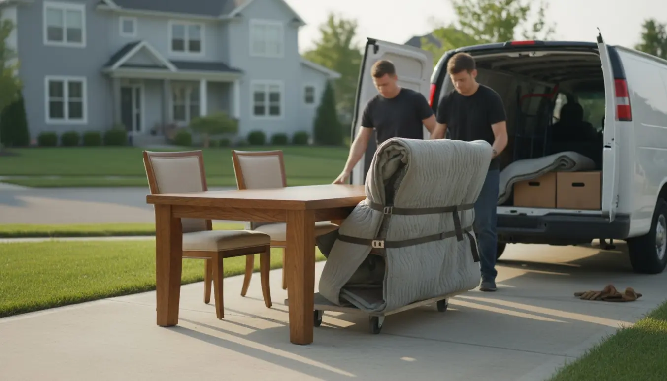 Et træspisebord og seks stole bliver læsset ind i en varebil med flyttetæpper og stropper.