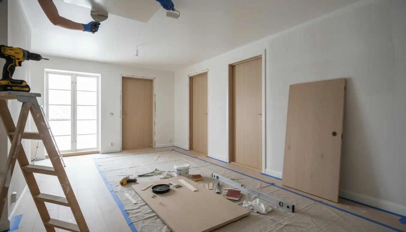 Hænder retter filtfejl og maler et lavglans loft, mens fire indvendige døre er klar til montering i et lyst rum.