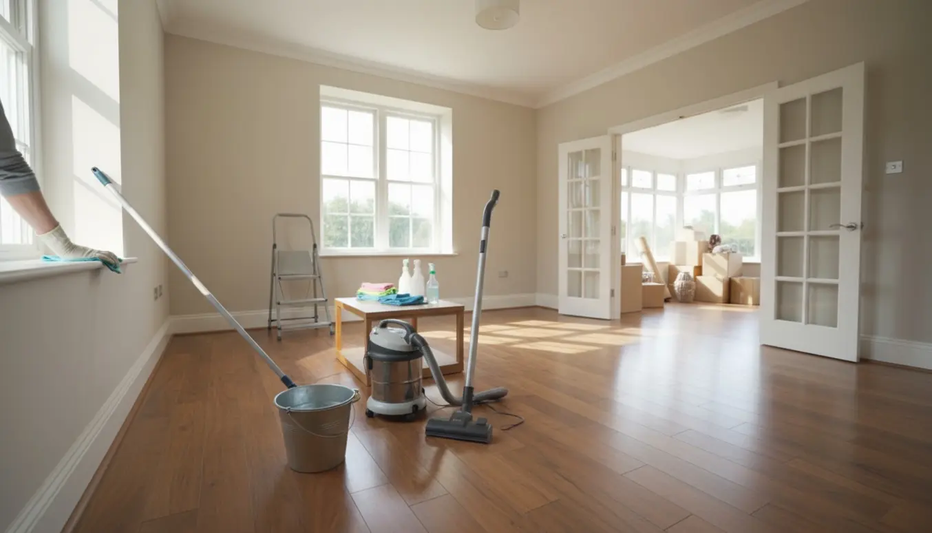 Solbelyst tom stue under rengøring med rengøringsredskaber i forgrunden og opbevarede ting i udestuen.