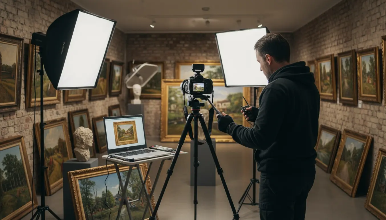 Fotograf i en kælderopsætning tager skarpe fotos af malerier og skulpturer med studielys og kamera på stativ.