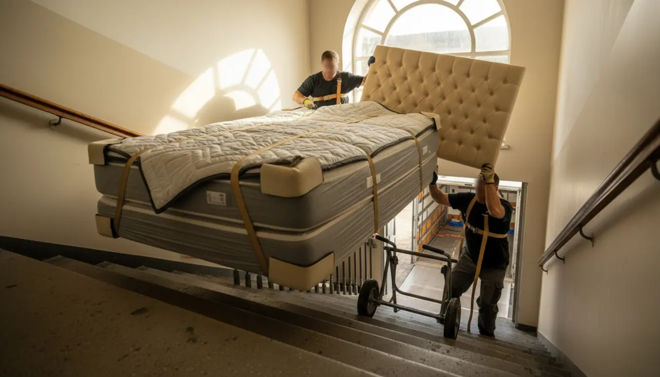To flyttemænd bærer en kontinentalseng og en gavl ned ad en lys trappeopgang med beskyttelsesbetræk og løftestropper, ansigter skjult.
