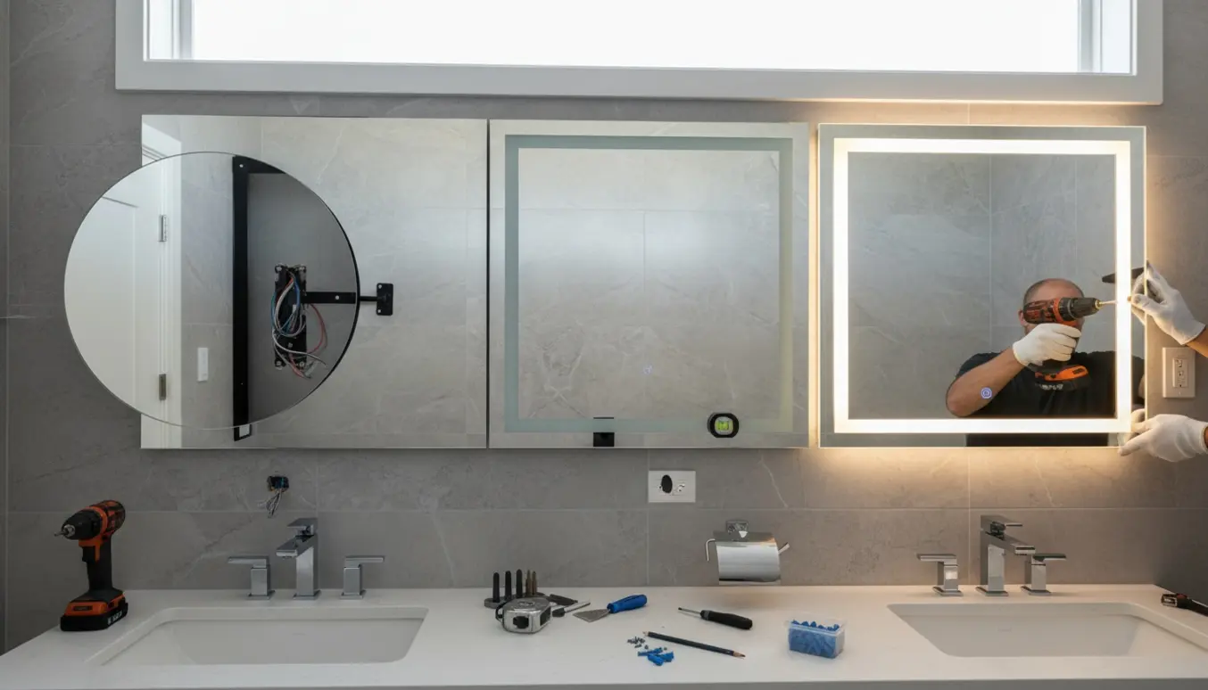 Hænder monterer to lysspejle over håndvasken, mens en toiletrulleholder forberedes til opsætning.