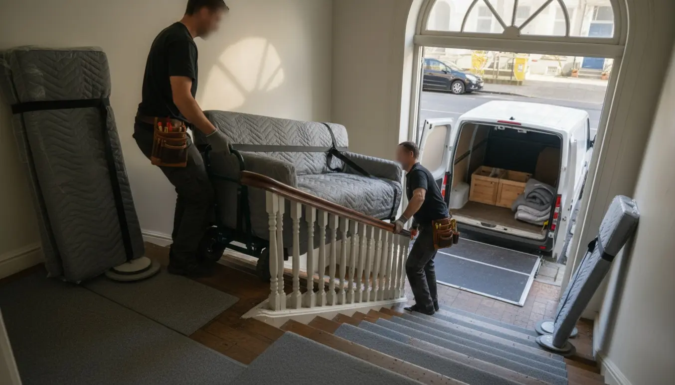 Rygge af flyttemænd, der fører en indpakket sofa og to enkeltsenge ned ad en trappe mod en varevogn med lift.