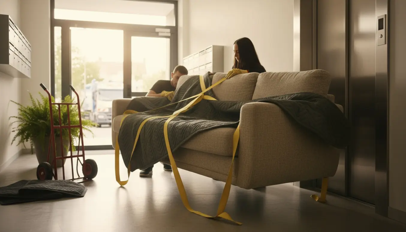 En stor sofa pakket i flyttetæpper bæres fra en lejlighed ind i en elevator til storskrald.