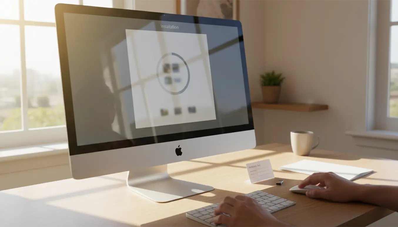 Hænder skriver på et tastatur foran en sølvfarvet iMac-lignende computer med et installationsvindue på skærmen og en sløret produktnøgle ved siden af.