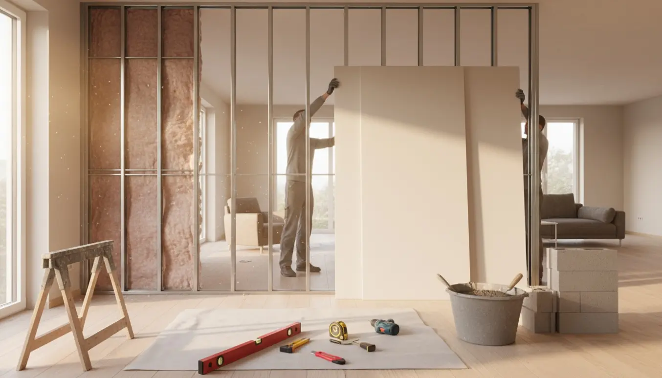 Halvfærdig skillevæg mellem stue og spisestue med gipsplader og mursten, håndværkere arbejder uden synlige ansigter.