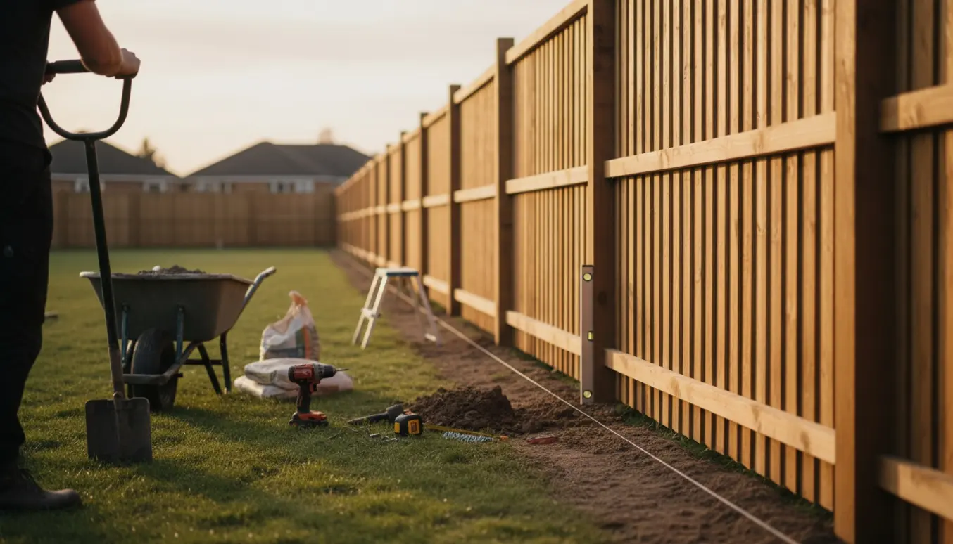 Nyopsætning af træhegn i en baghave med stolper og værktøj i fokus.