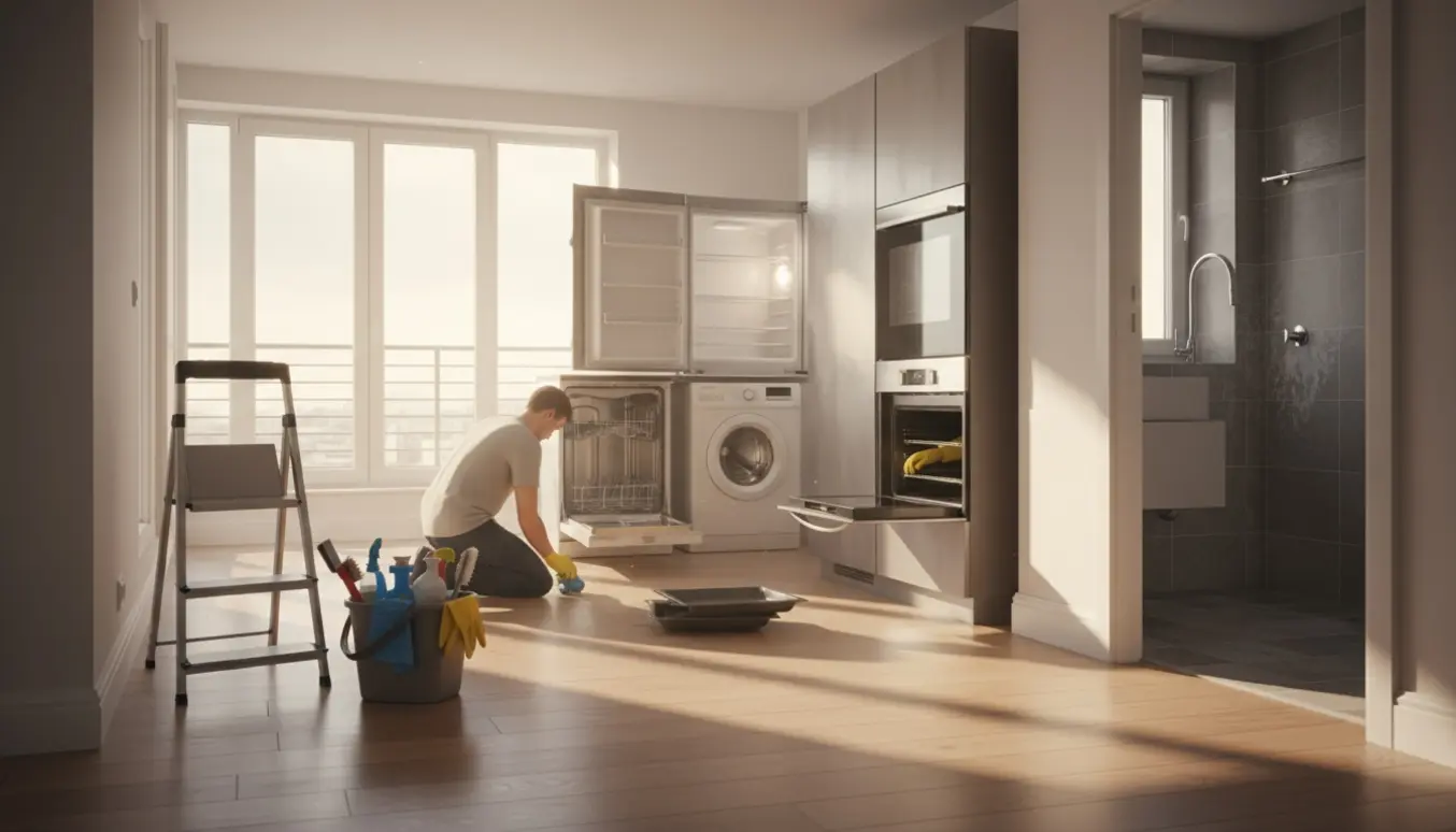 Tom toplans lejlighed til hovedrengøring med rengøringsudstyr, åbne hårde hvidevarer og synligt kalk på armaturer.