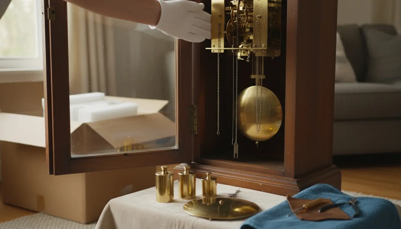 Hænder monterer urværk og vægte i et stående gulvur med åben låge i blødt dagslys.