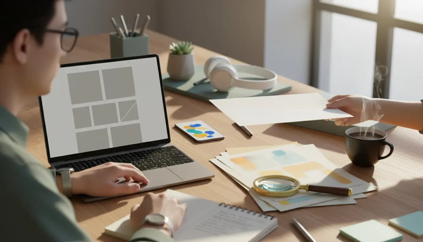 To samarbejdende hænder ved et skrivebord med bærbar, notesblok, forstørrelsesglas og kaffe, fokus på SEO-skrivearbejde.