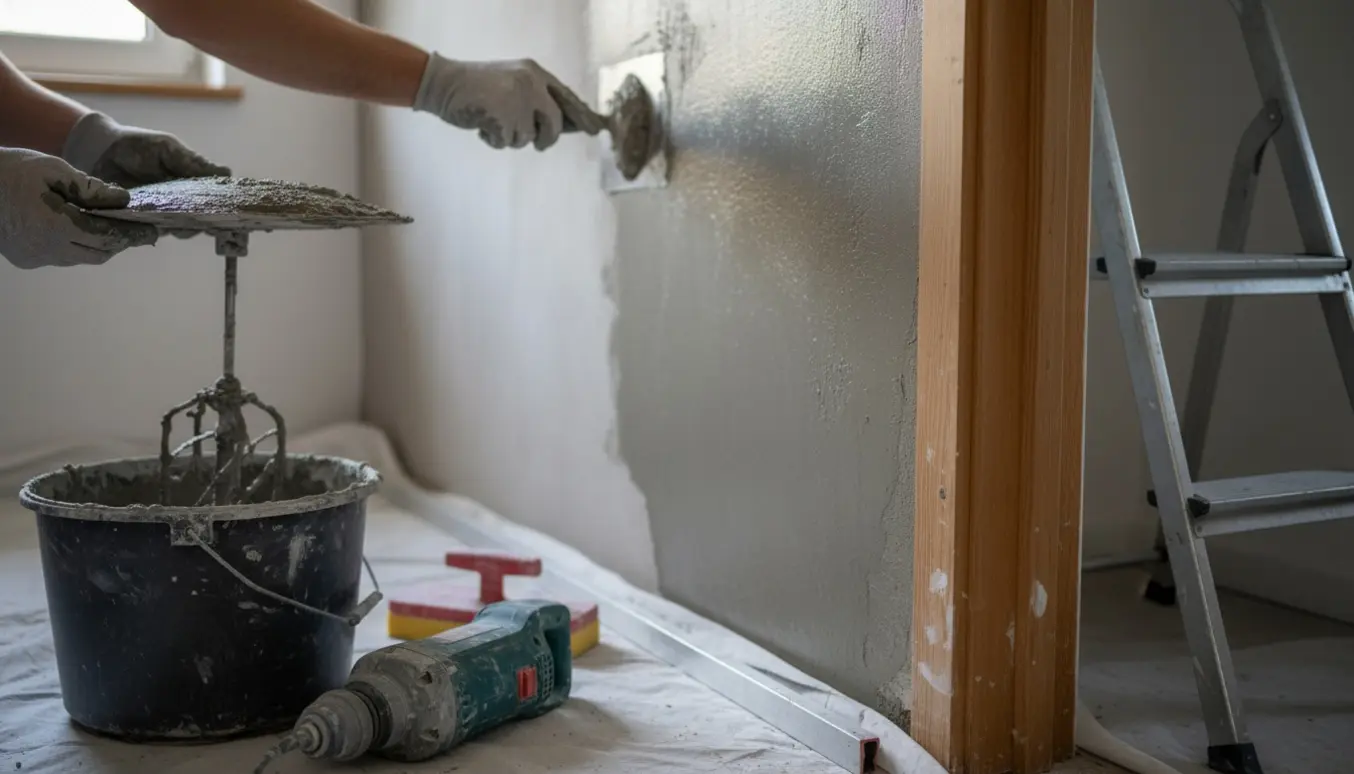 Hænder glatter våd betonpuds på dørparti og tilstødende trappevæg med værktøj i forgrunden.