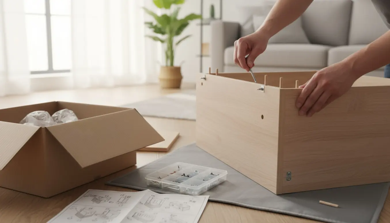Hænder samler en fladpakningskommode på gulvet i en lys, moderne stue med værktøj og åben montagevejledning.