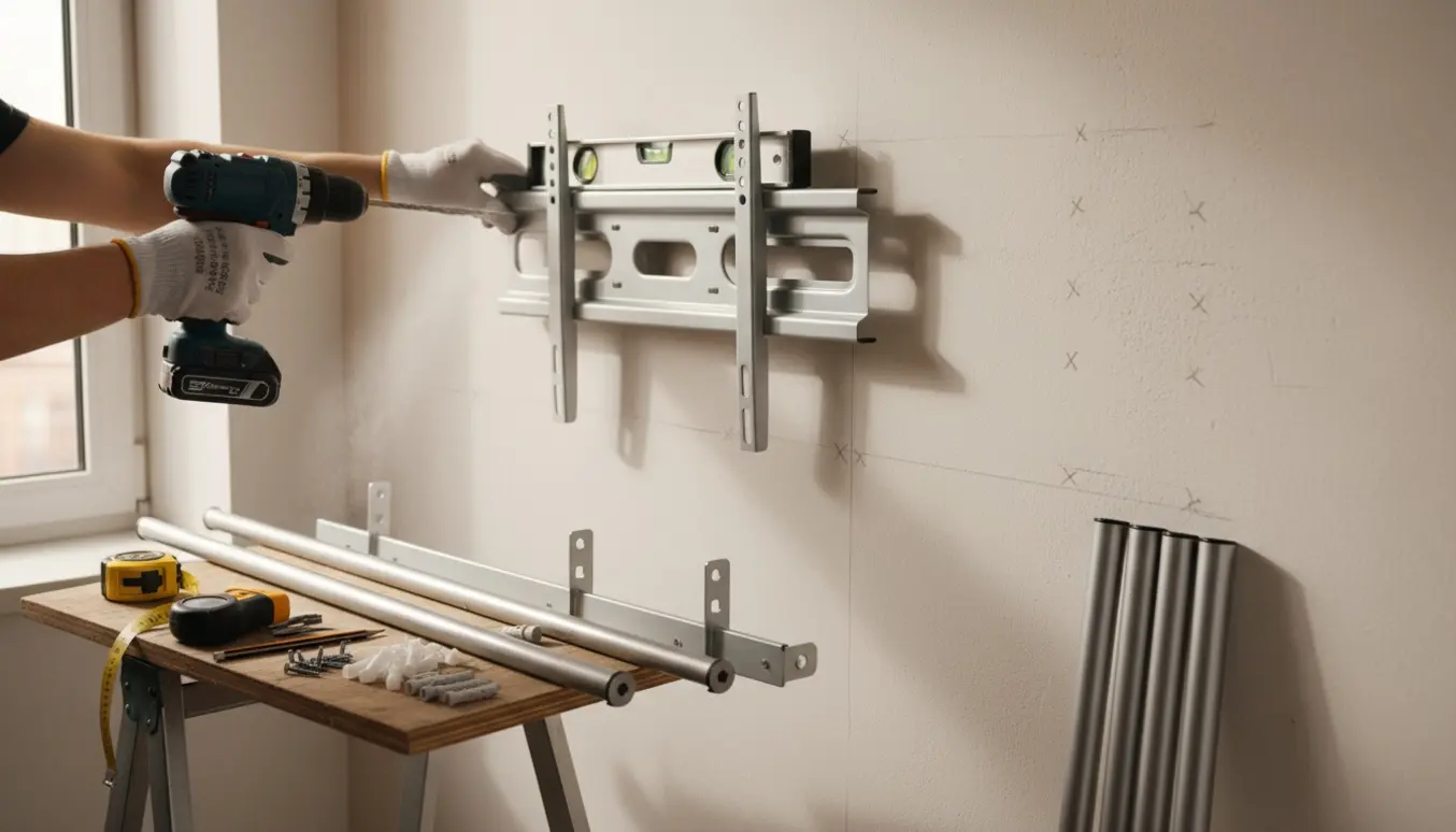 Nærbillede af hænder, der borer huller i en stuevæg for at montere gardinstænger og et TV-beslag.