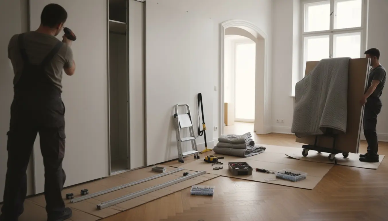 Fjernelse af et gulv-til-loft klædeskab med skydedøre i en lejlighed, dele pakket og klar til flytning.