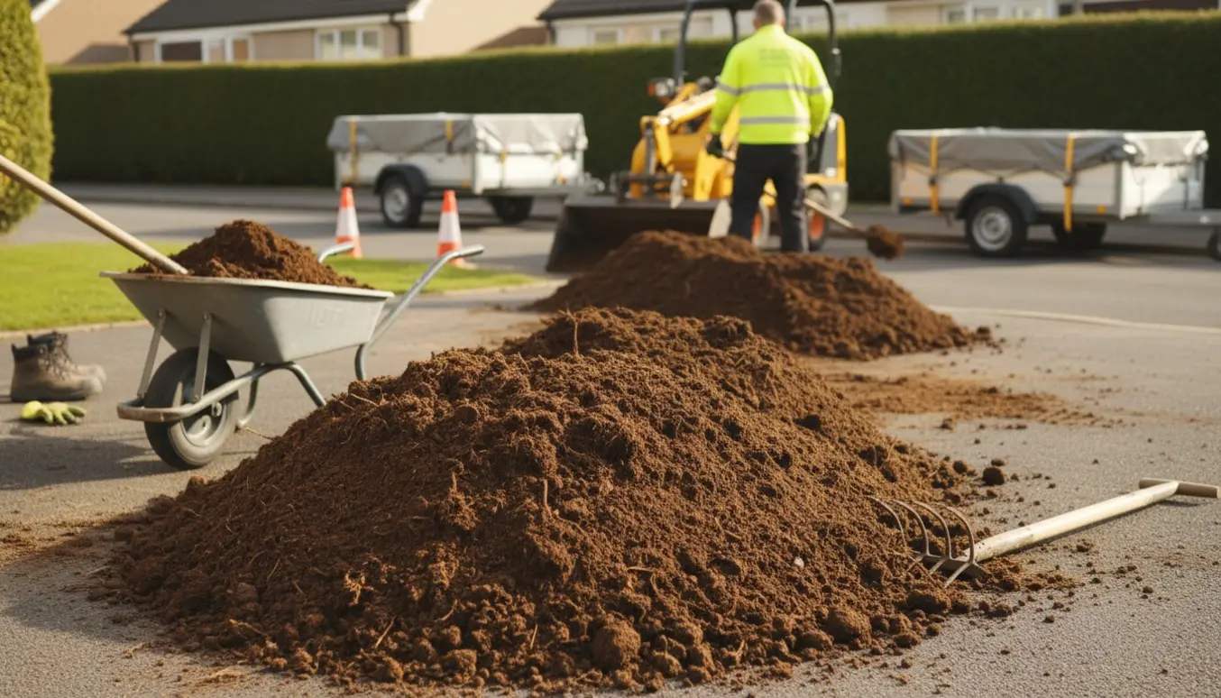 Bunker havejord i en indkørsel ved vejkanten klar til bortkørsel med trailere og skovle.
