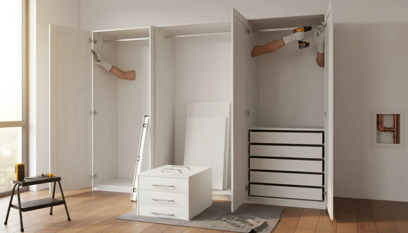 To delvist samlede PAX-garderober ved en væg med løse skuffer, hylder, værktøj og lange skruer klar til vægmontering.