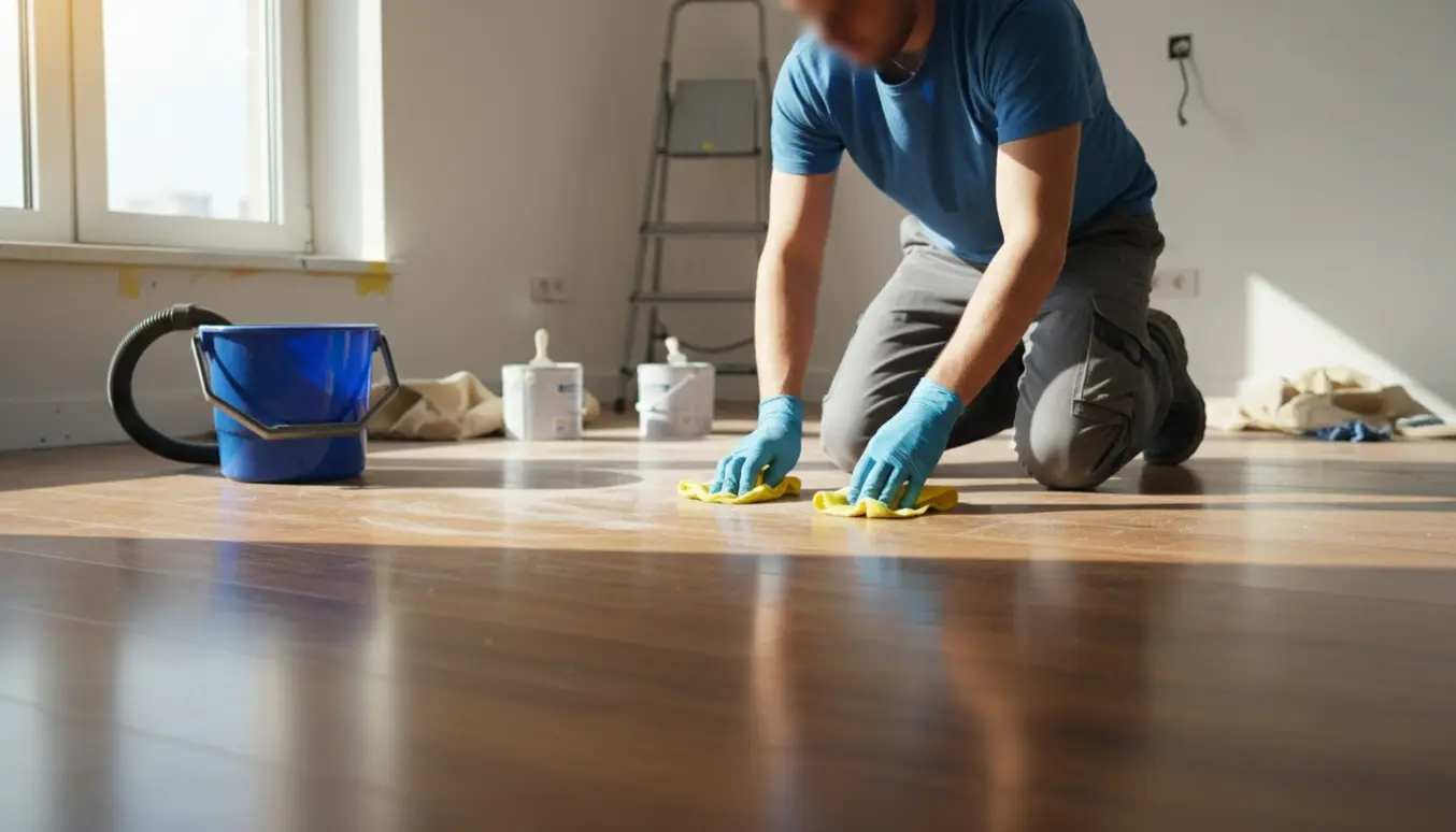 Rengøringsperson uden synligt ansigt tørrer malerstøv af et nymalet lejlighedsgulv med spand og støvsuger ved siden af.