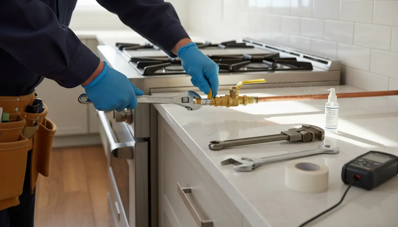 Nærbillede af en autoriseret VVS'er, der med handsker tilslutter et gaskomfur til bygas ved en afspærringsventil.
