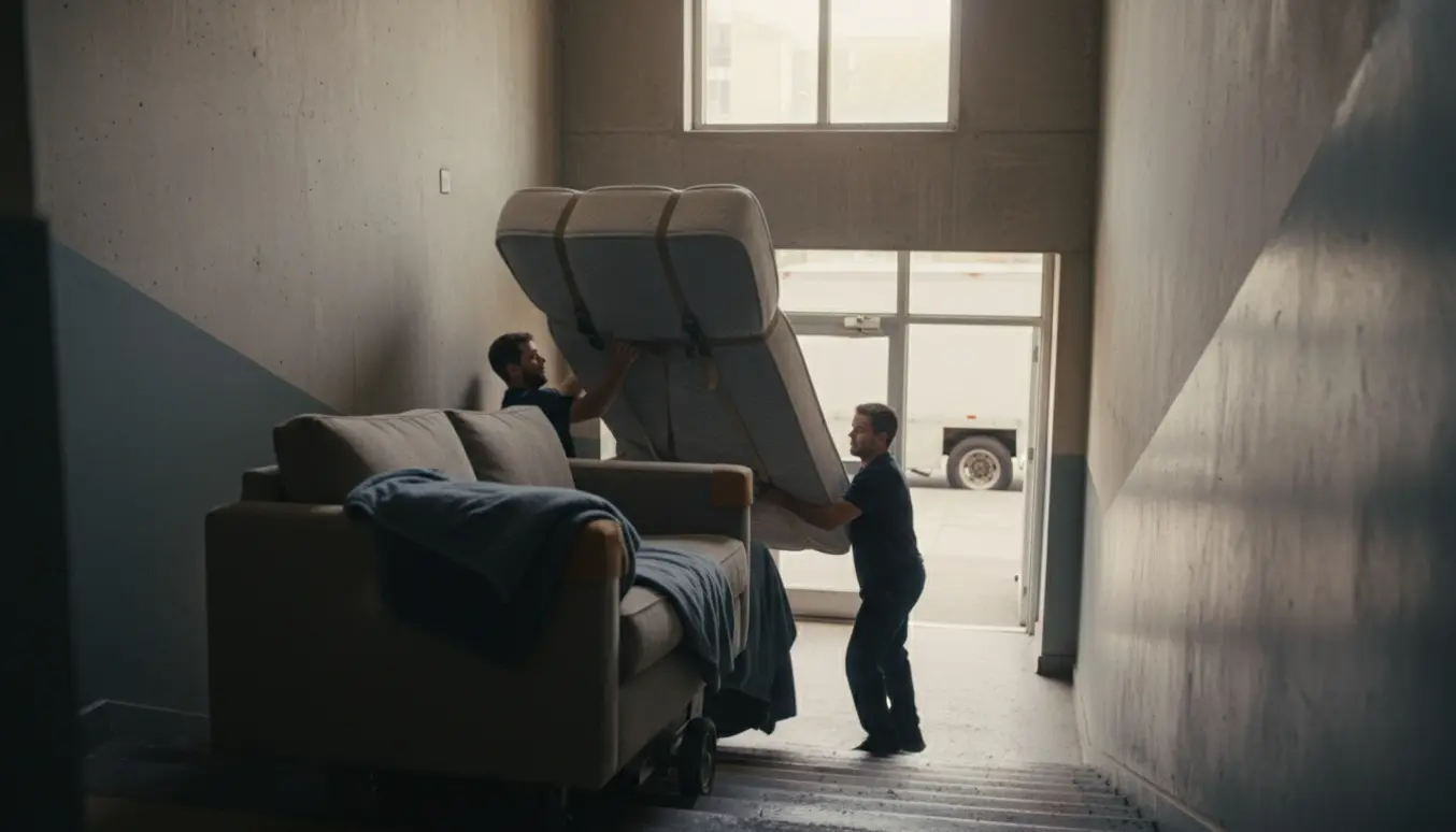 Flyttemænd bærer en indpakket seng og en sofa op ad en smal trappe til en lejlighedslanding.