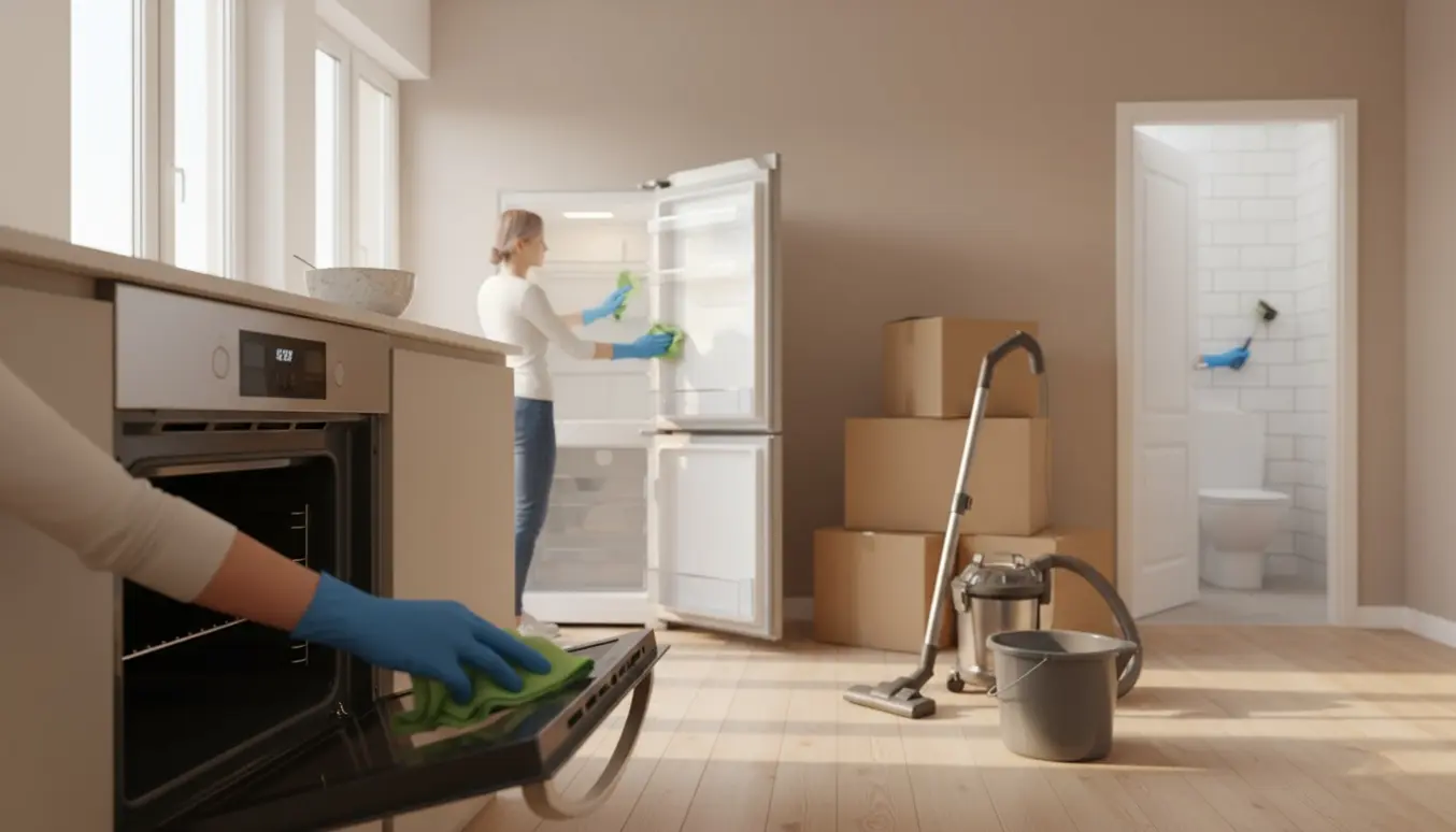 Flytterengøring i en solfyldt 60 m² lejlighed med hænder, der rengør ovn, køleskab og badeværelse.