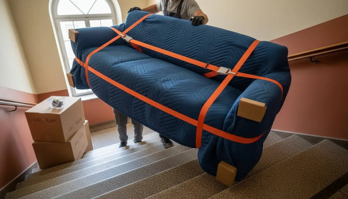 To flyttemedarbejdere bærer en indpakket trepersoners sofa op ad en lys trappeopgang.