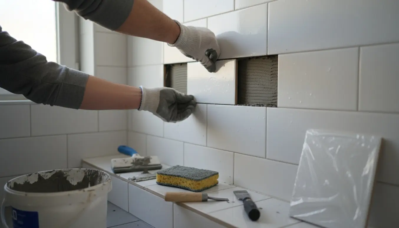 Håndværker udskifter en enkelt hvid glaseret flise i øverste række i en bruseniche.