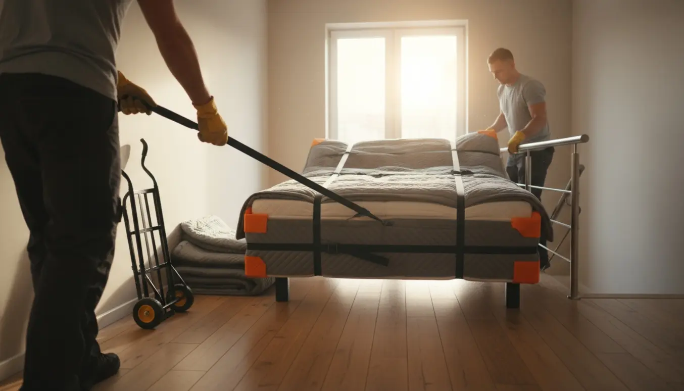 To flyttefolk bærer en dobbeltseng med madras og topmadras gennem en lys opgang, beskyttet af flyttetæpper.